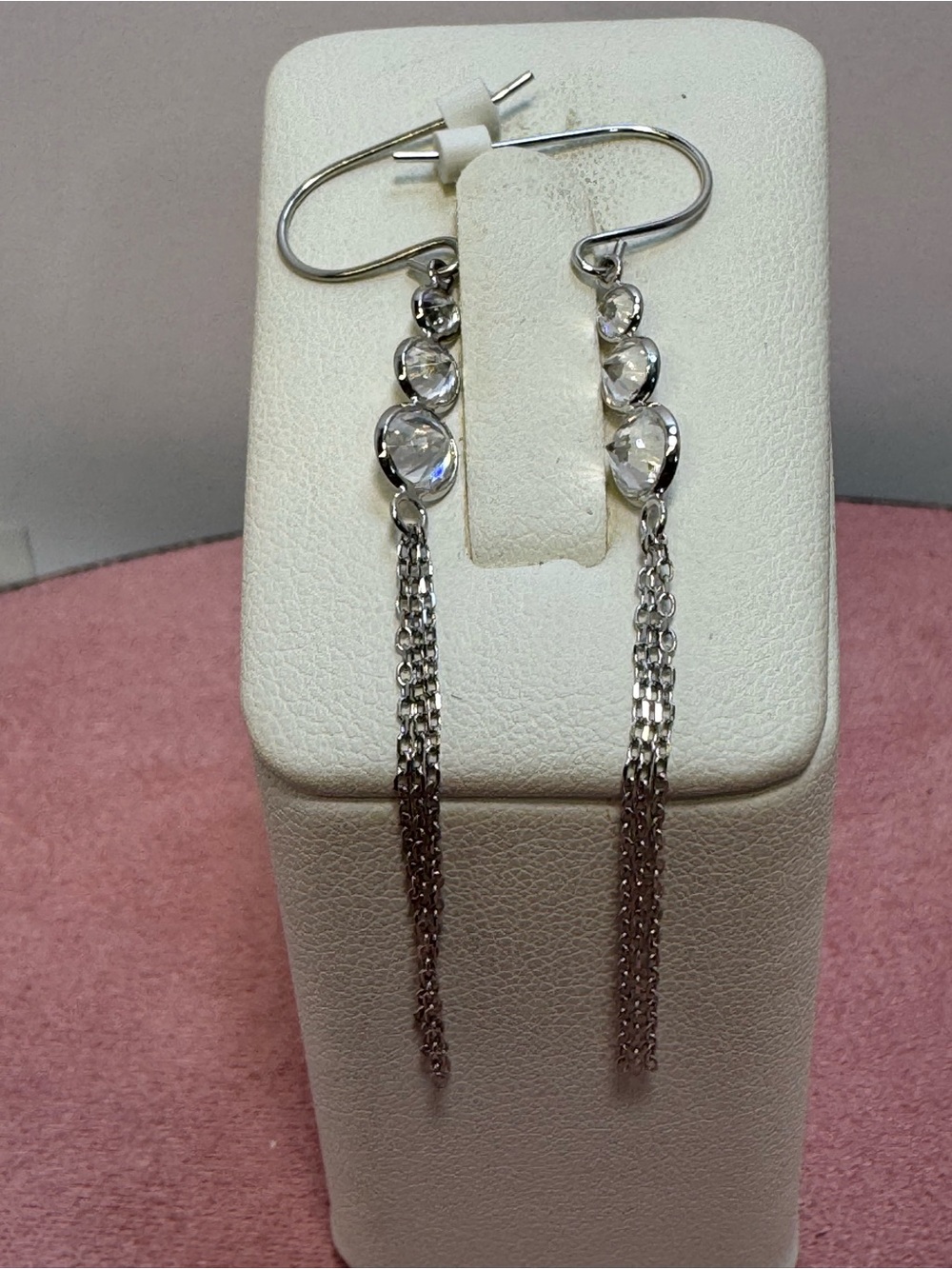 14K White Gold CZ Drop Dangle Tassel Earrings